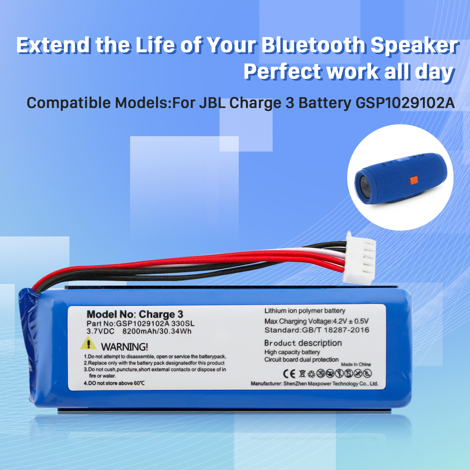 8200mAh GSP1029102A Battery Replacement for JBL Charge 3 2016 Bluetooth Speaker