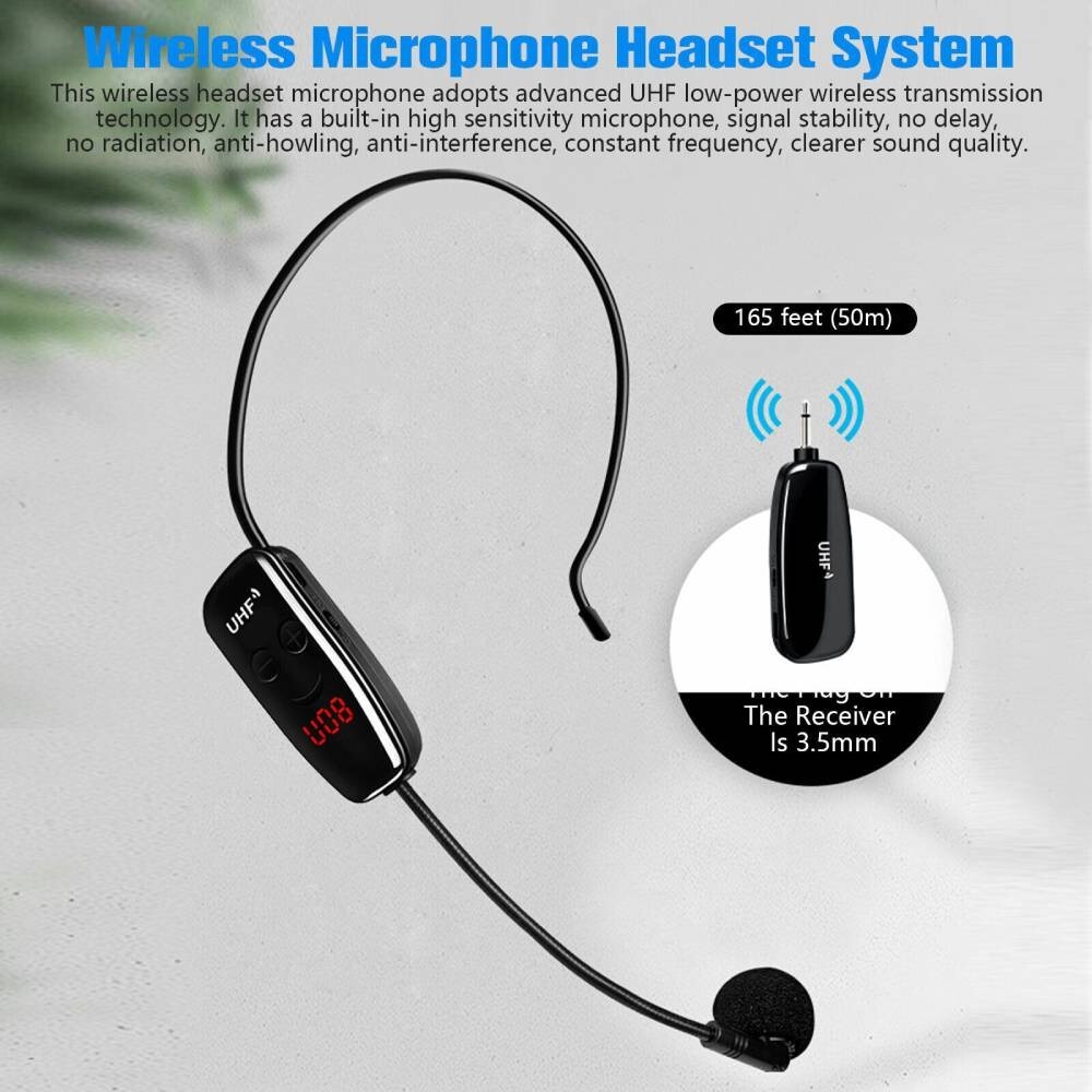 NEW 165FT Range UHF Wireless Microphone Headset Mic System+Digital Screen Speech