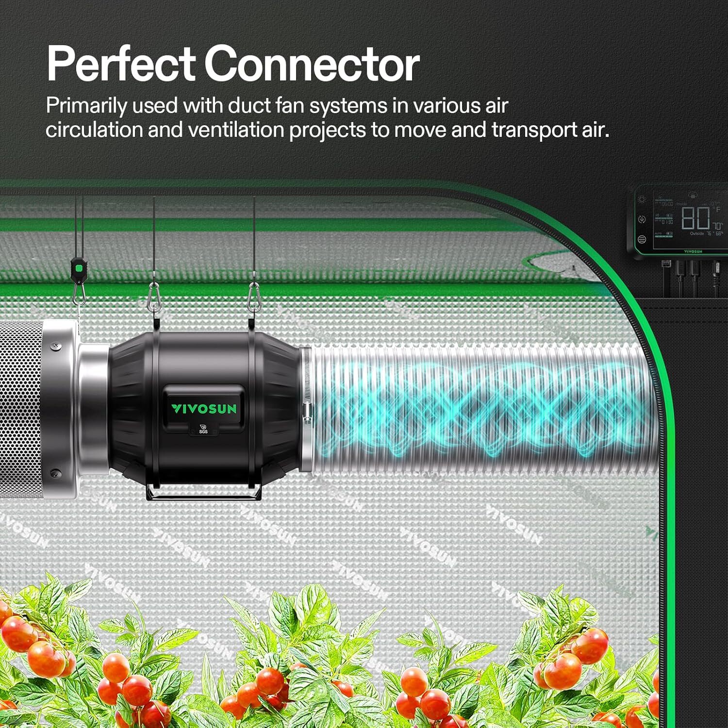 VIVOSUN 8" x 25Ft Flex Air Aluminum Ducting Dryer Vent Hose for HVAC w/ 2 Clamps