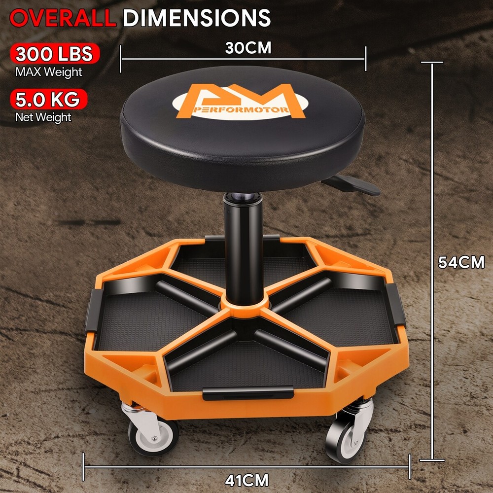 300lbs Adjustable Height Mechanics Rolling Seat Creeper Garage Work Stool Orange