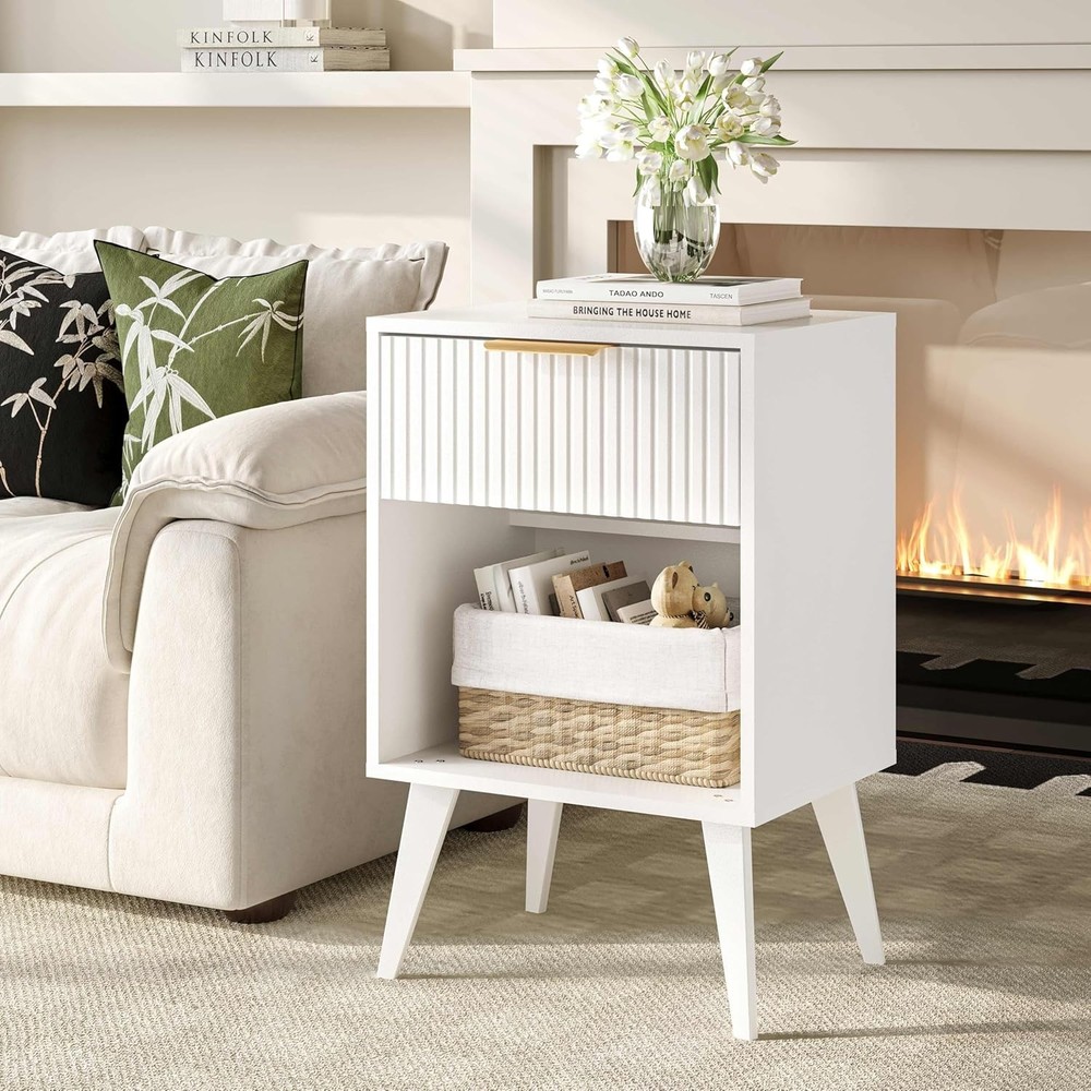 Fluted Nightstand W/ Charging Station Modern Bedside Table W/ Drawer,White