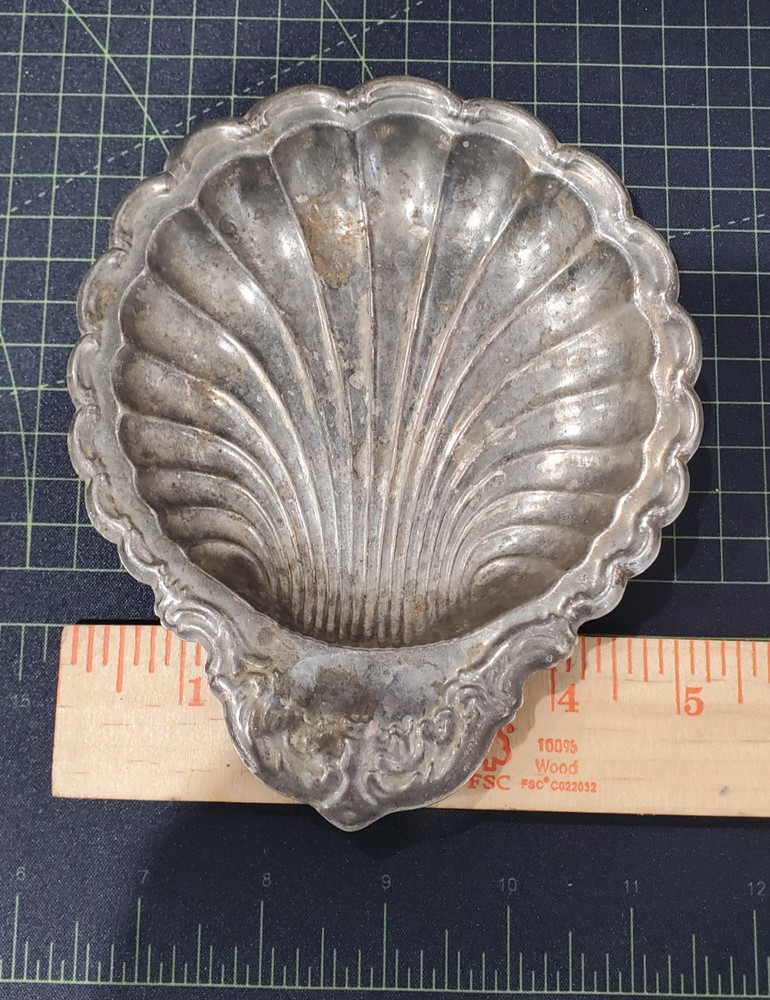 Vintage Silverplate Scallop Shell Dish - Coastal Catchall - Ornate Scroll Handle