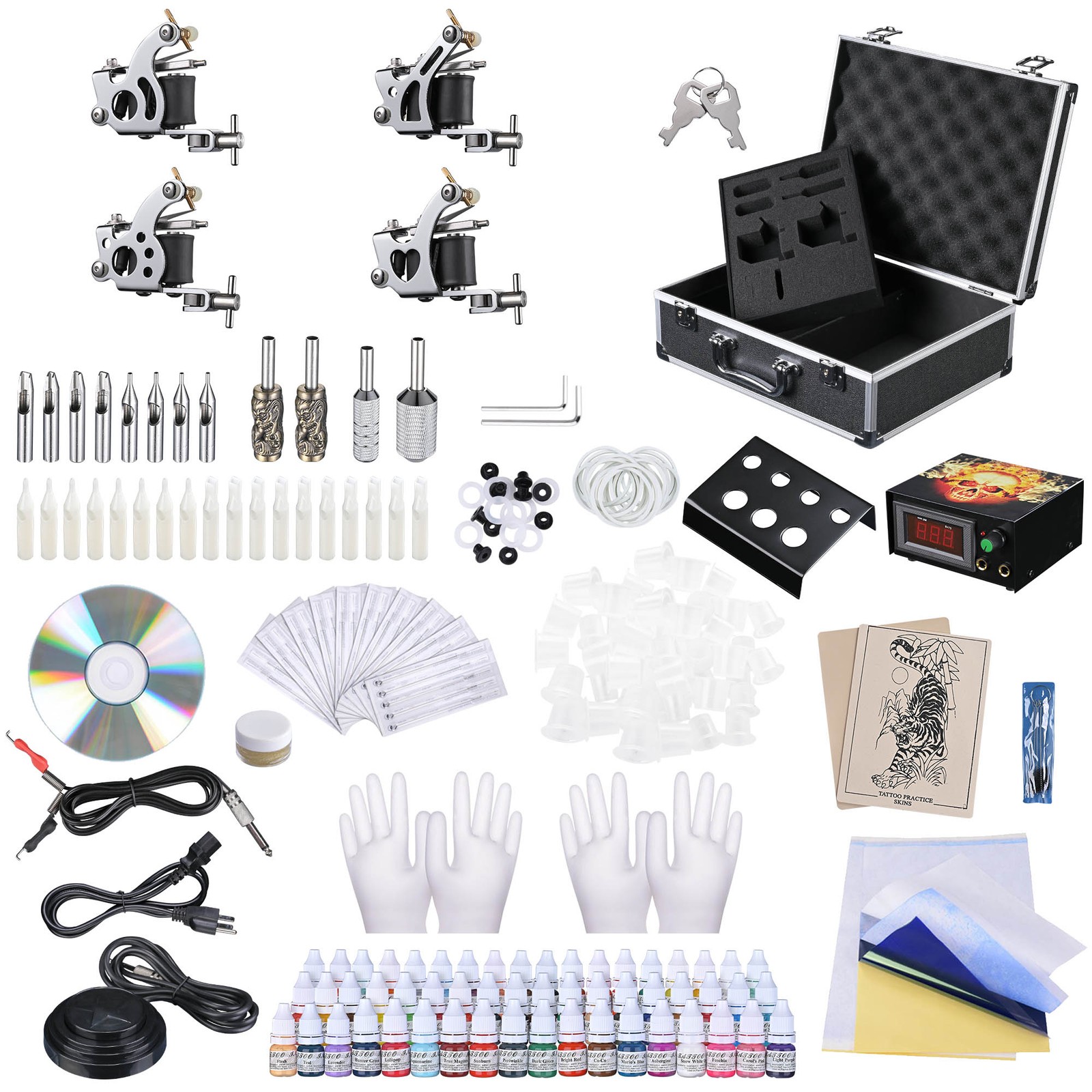 Complete Tattoo Machine Kit 4 Guns 54 Ink Power Supply Needles Grip Tip w/ Case