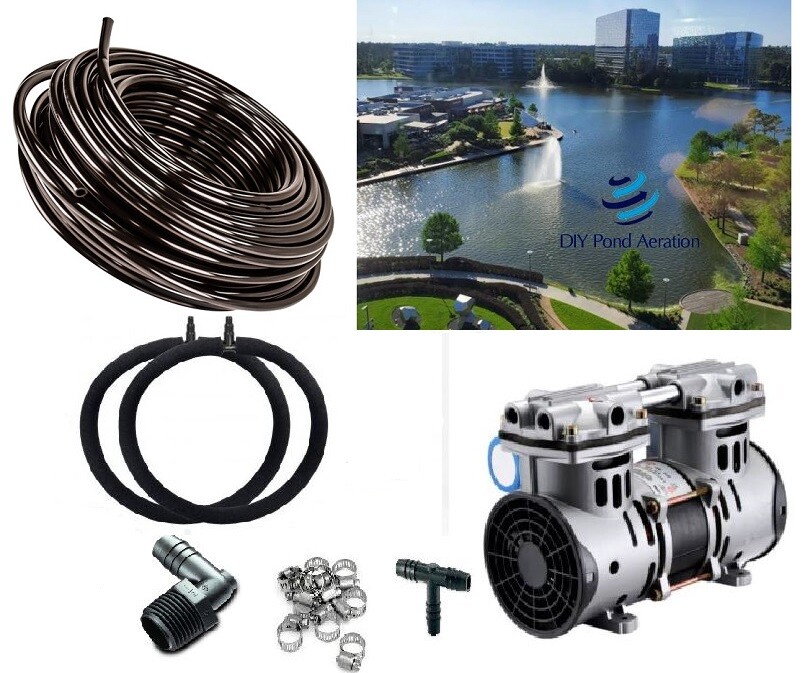 220 Volt Professional Pond Aeration Kit w/100' Self-Sink Hose + 2-48" Diffusers