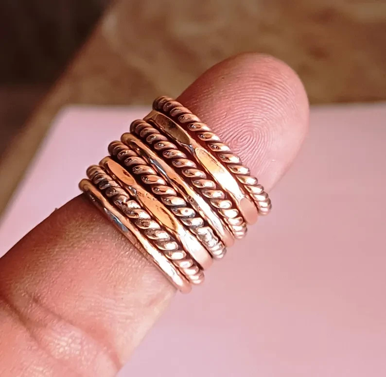 Handmade Solid Copper Ring Set: Stackable Textured Boho Rings