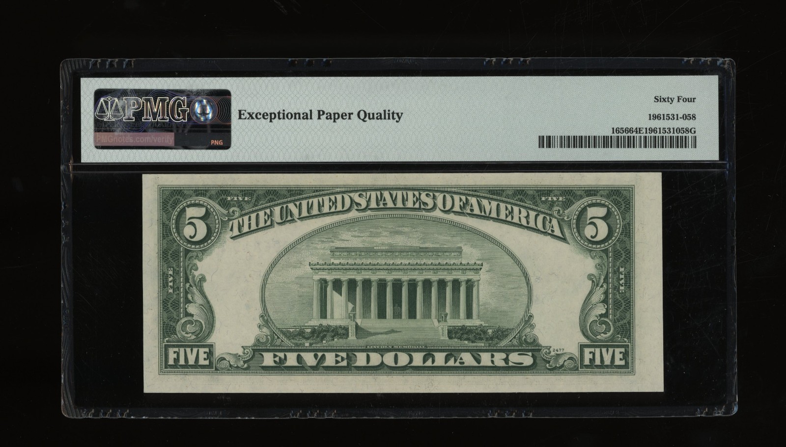 DBR 1953-A $5 Silver Fr. 1656 FA Block PMG 64 EPQ Serial F19006819A