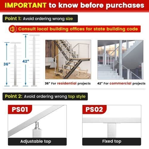 Muzata Level drilled Cable Railing Post 36"x2"x2" Adjustable Top Level Line P...