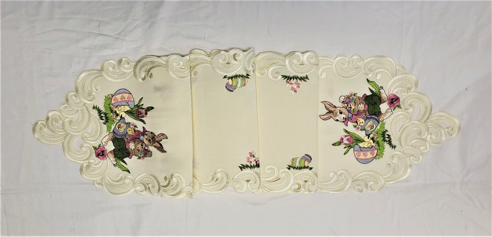 Doily Boutique Table Runner, Doily, Mantel Scarf with Easter Bunny on Ivory
