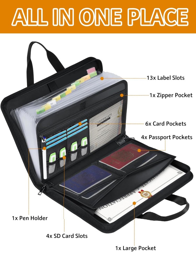 Fireproof Document Organizer Accordion File Folder with Zipper 13 Pockets