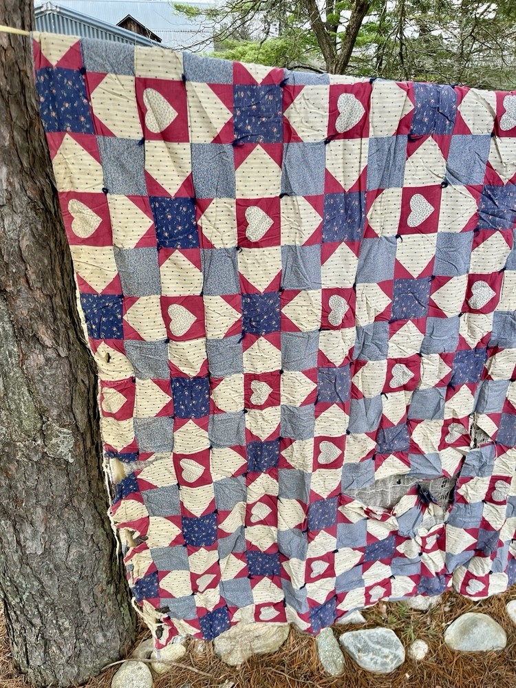 Americana Patchwork Quilt Heart Star Block Pattern Local Sheared Wool Filled SEE