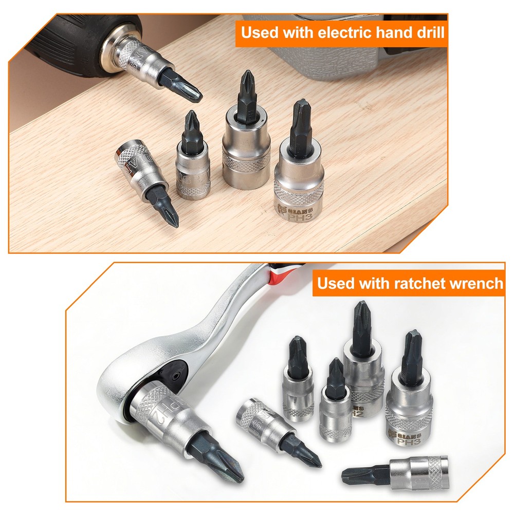 3Pcs Phillips Bit Socket PH2 3/8" Drive 1.97" Length S2 Steel Bit CR-V Socket