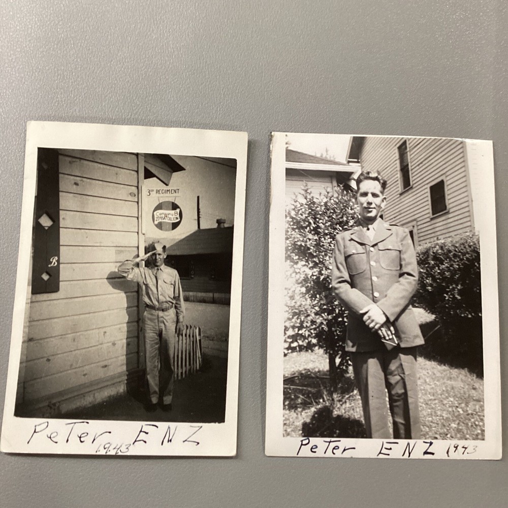 1943 Peter Enz WW2 Military Soldier Photo Pair w 3rd Regiment Company B Sign