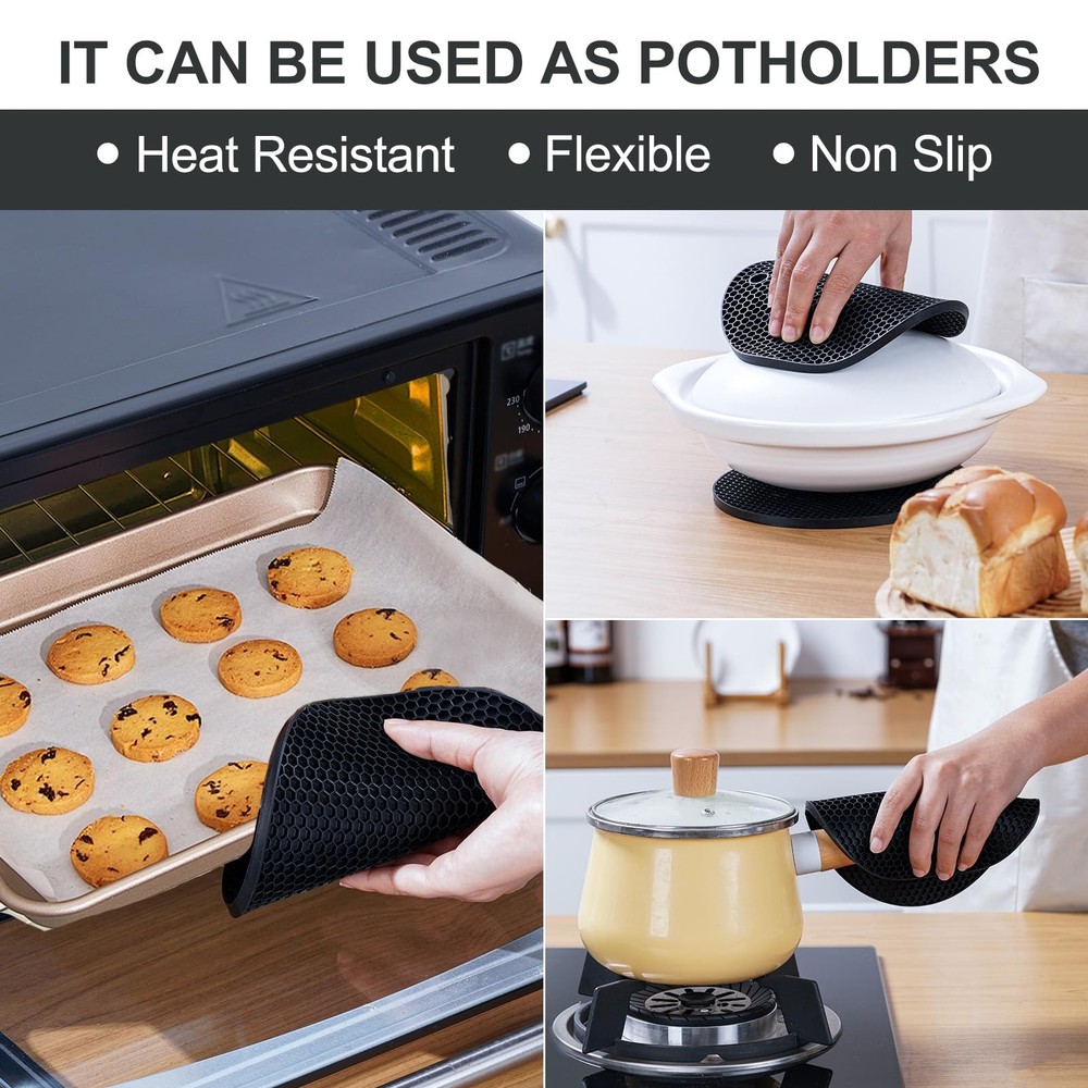 Kitchen Silicone Trivets 4 Pack, Hot Dish Protector, BPA Free, Black