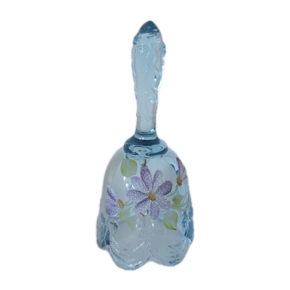 Vintage Fenton Bell Optic Glass Blue Hand Painted Flowers Signed
