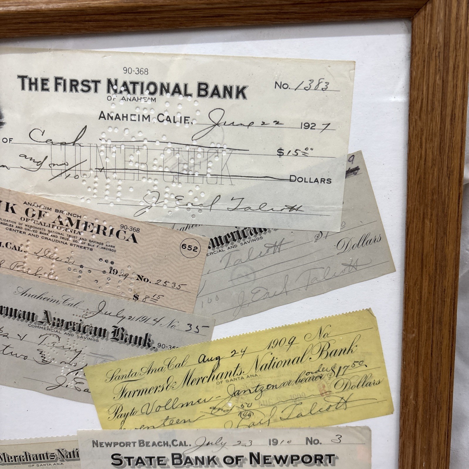 Original 1909-1929 J. Earl Talbots Signed Checks Framed with Photos Lot Of 8
