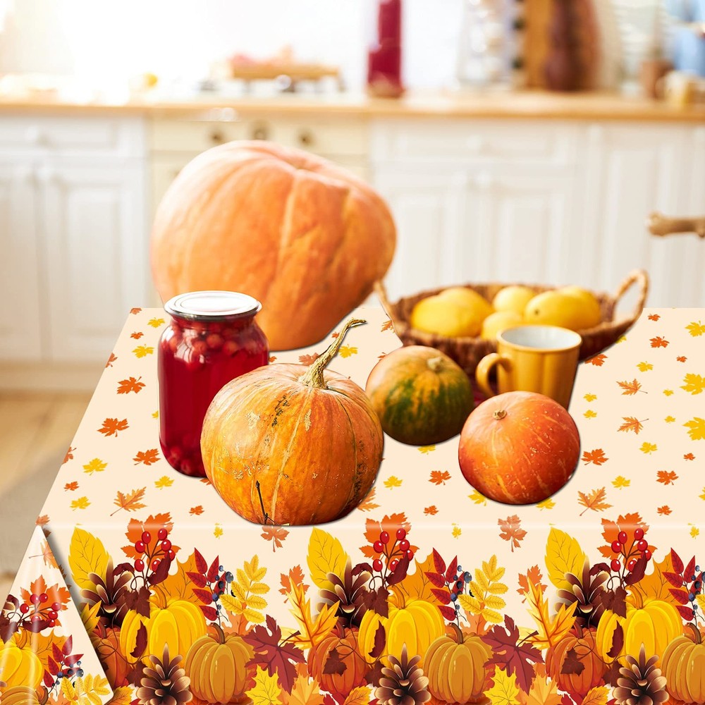 3 Pieces Thanksgiving Fall Disposable Tablecloth Fall Theme Plastic Table Cov...