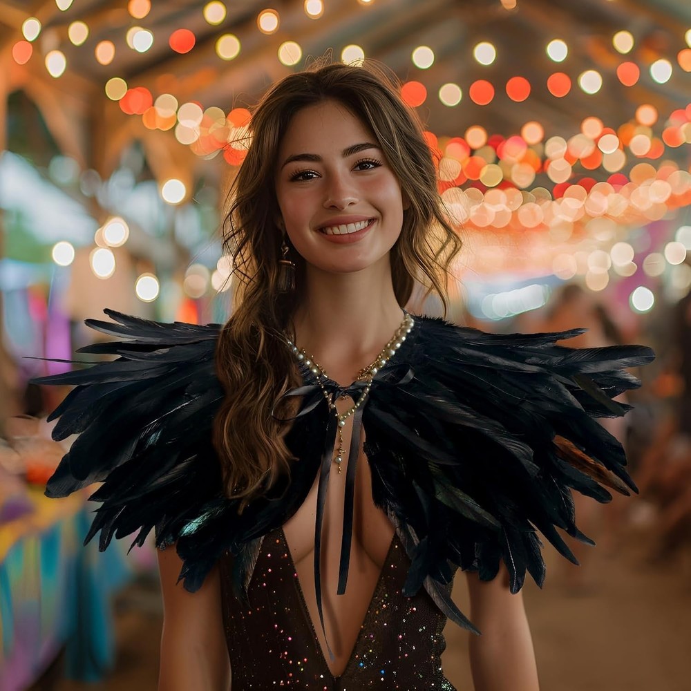 Elegant Black Feather Collar Cape