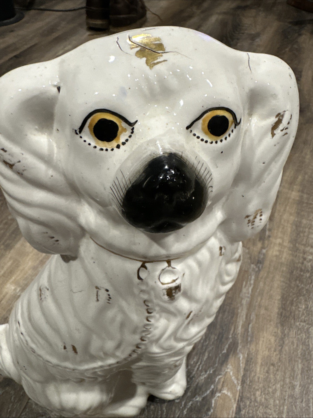 19thC STAFFORDSHIRE WHITE & GILT SEATED SPANIEL DOG Large 15 Inches Tall Rare