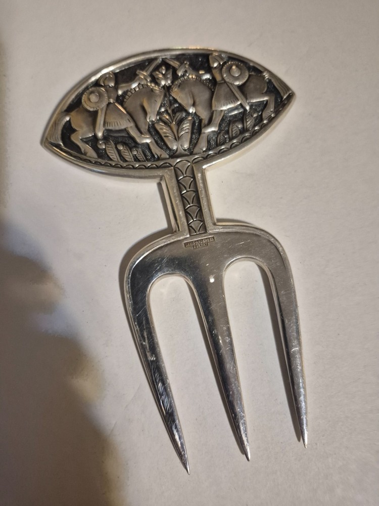 Vtg. David Andersen Silver Plated Vikings Motif Meat/bread Fork