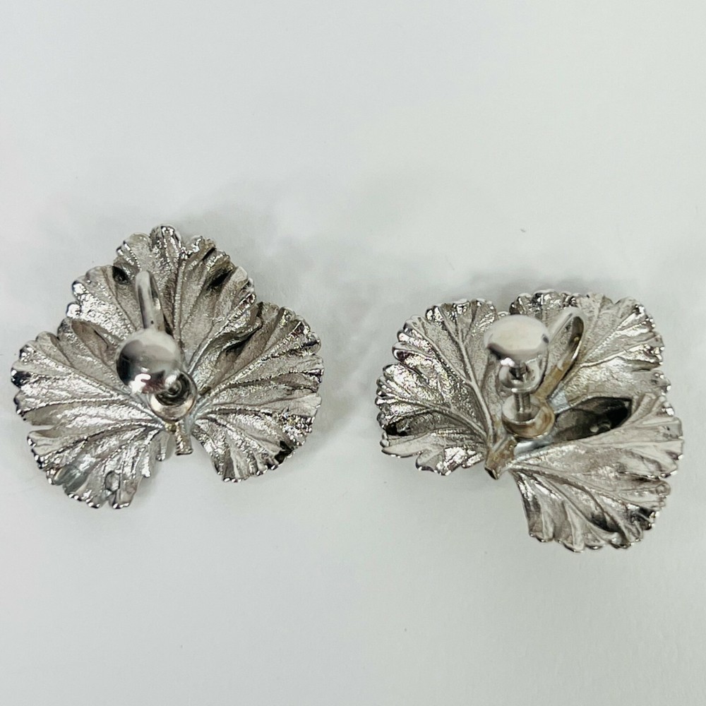 Vintage Silver Dipped Leaf Earrings Textured Matte Shiny Screw Back