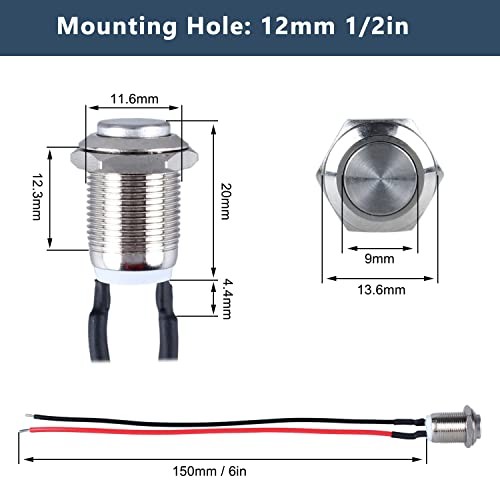 2-Pack 12mm Momentary Metal Waterproof Push Button Switch Momentary with Cable
