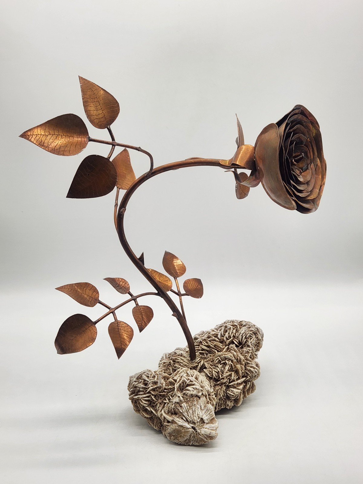 Copper Rose Sculpture w/Desert Sand Rose Crystal ~ 13" H x 10" L x9" W