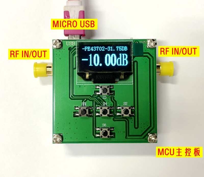 PE43702 +MCU +OLED 9K-4GHz 0.25dB 31.75dB Digital RF Attenuator Module