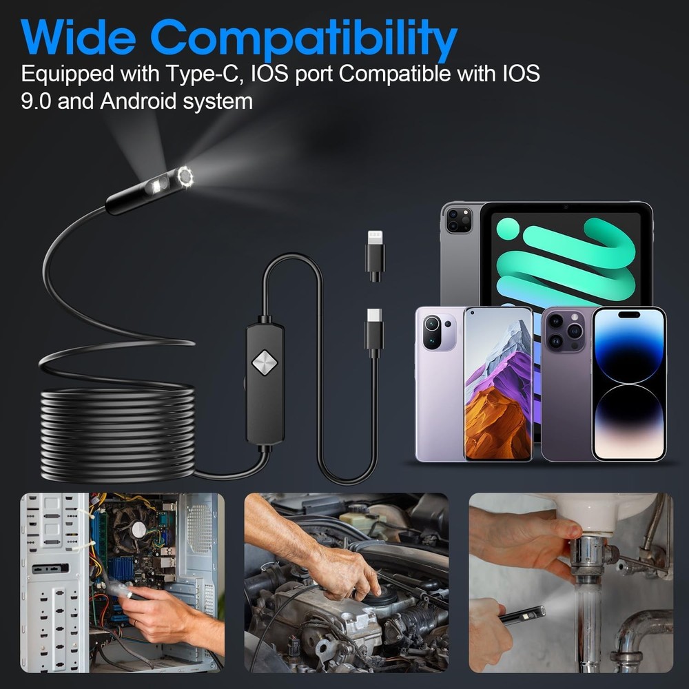 Endoscope with Light, 1920P HD Borescope 8 Adjustable LED Lights, black
