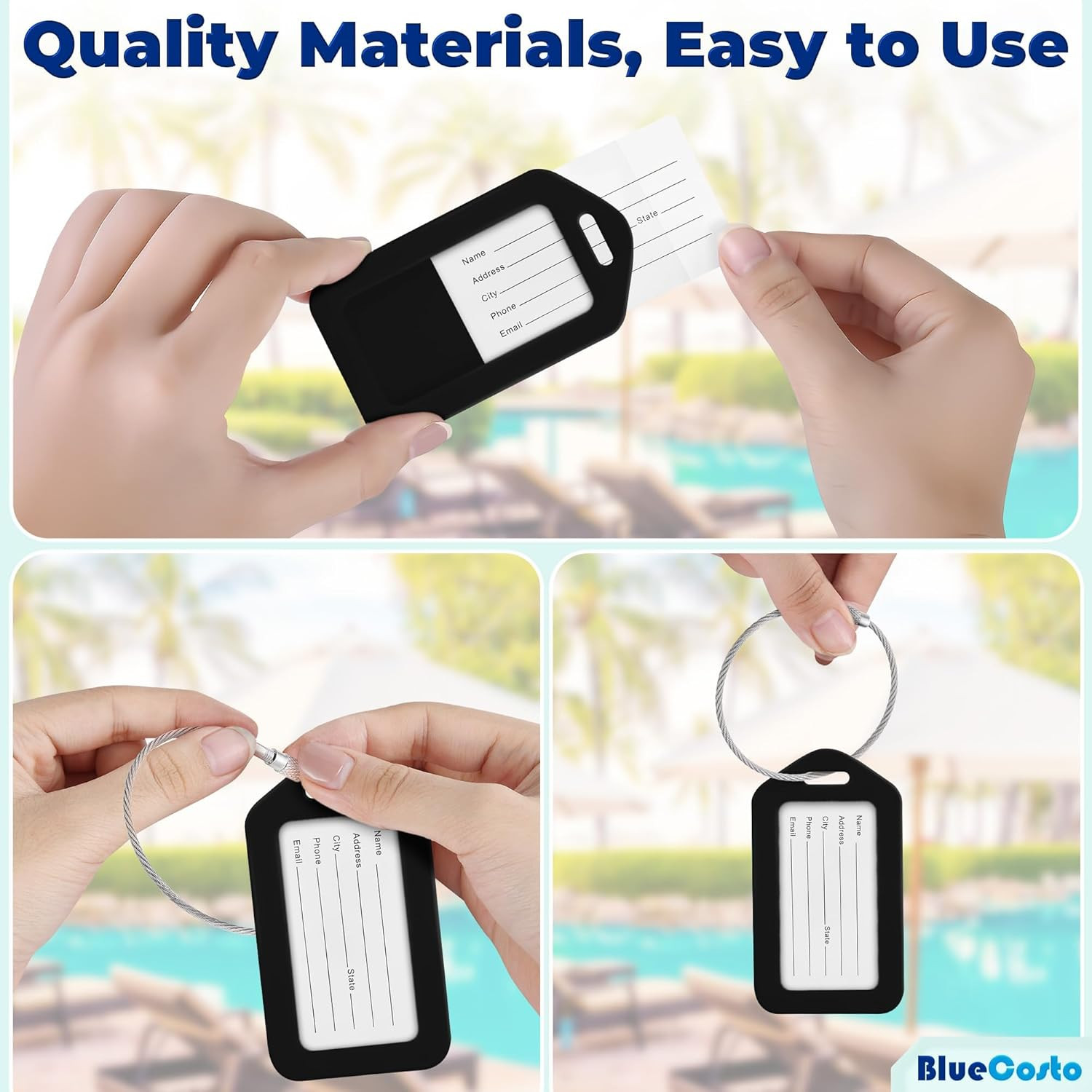 Luggage Tags (Small, Black, 10 PK) - Suitcase Tags W/Name ID Card & Heavy-Duty M