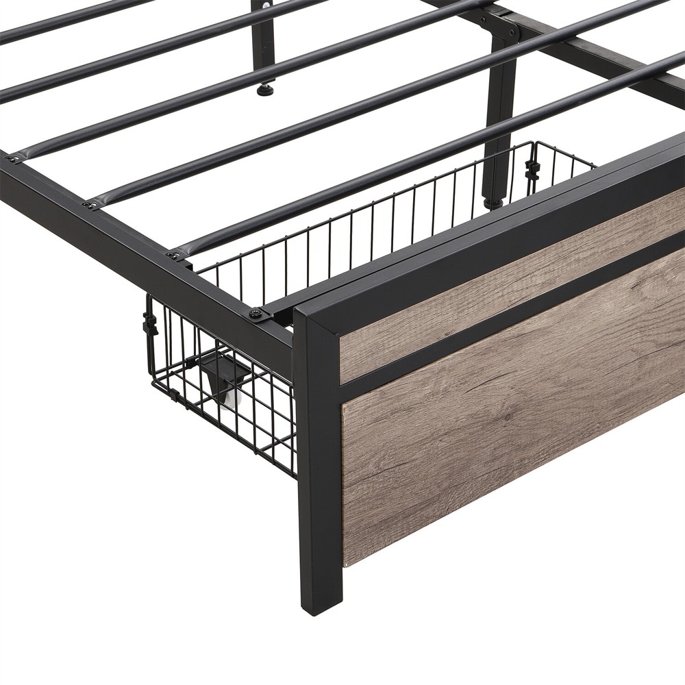 Queen Size Bed Frame w/ Upholstered Headboard Metal Platform Bed with 2 Drawer