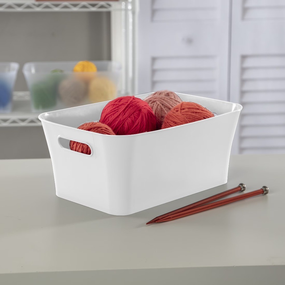 Mainstays Medium Bin, Open Plastic Storage Containers, White, 6 Pack