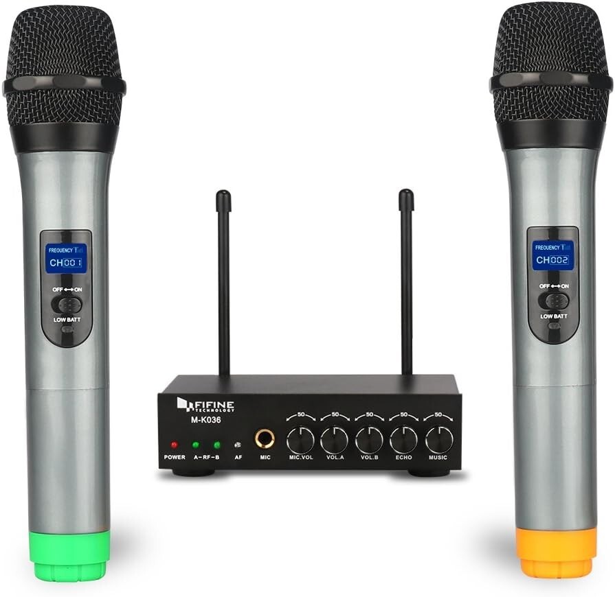 Easy-to-use Wireless Karaoke Microphone System - 2 Mics, 1 Receiver, Cables