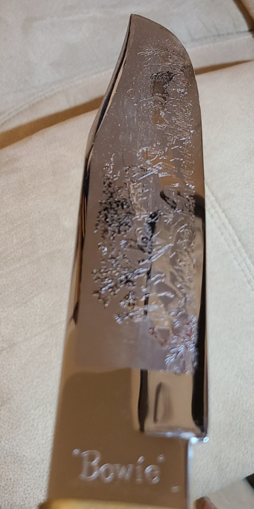 Large About 1 1/2 Pound Stag Bowie Indian Hunting Buffalo Scene Germany Chrome