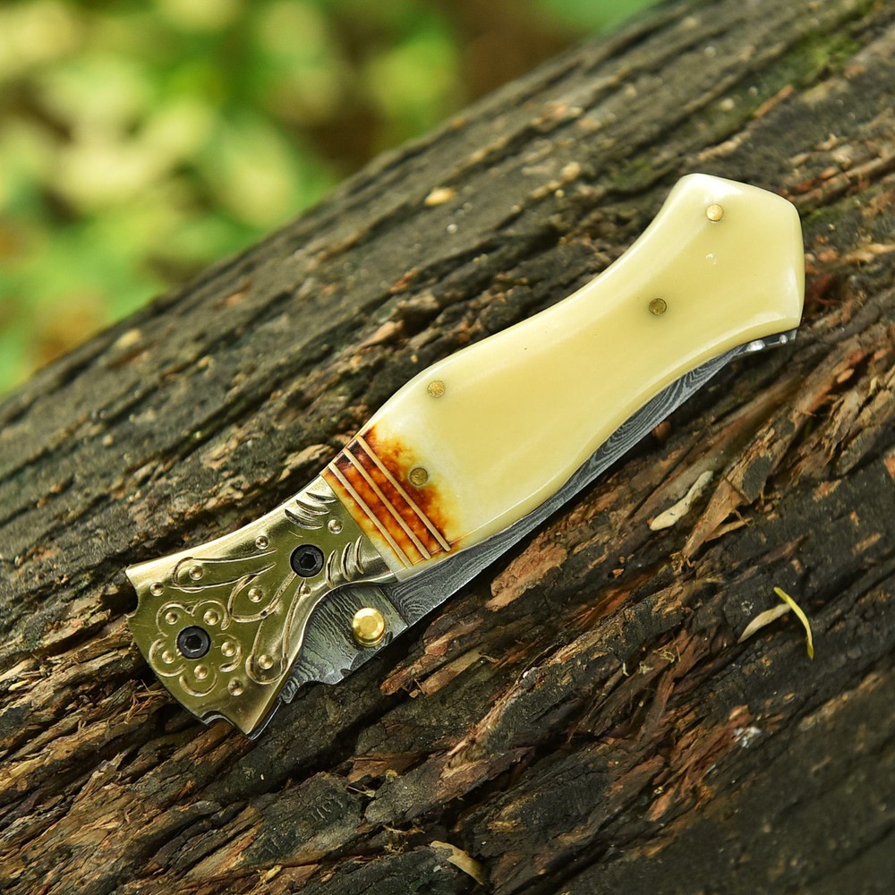 Damascus Folding Double edge Blade Pocket Knife - Dagger - Camel Bone Handle