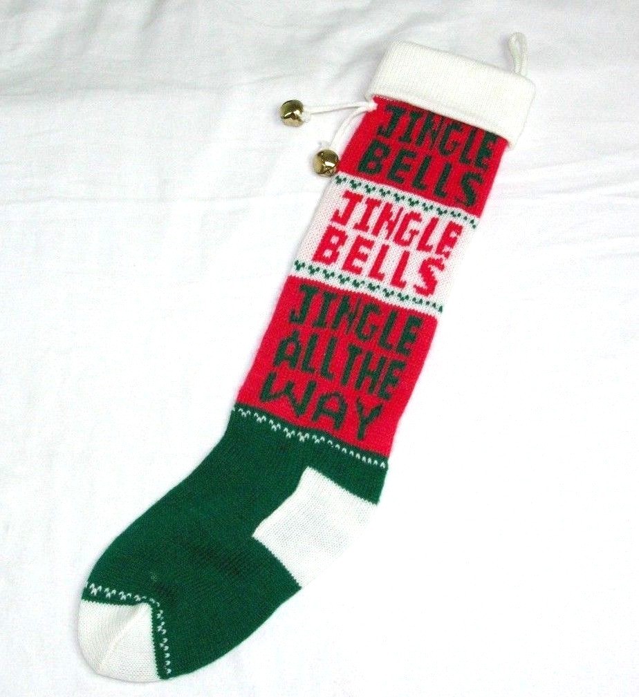 VINTAGE SWEATER KNIT OLD FASHIONED SOCK METAL JINGLE BELLS CHRISTMAS STOCKING