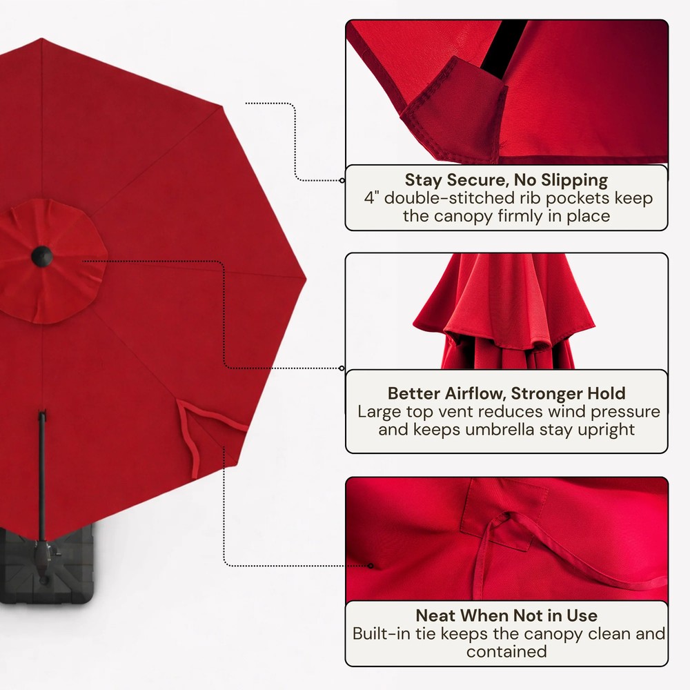 10ft Cantilever Supported Bar Umbrella 8 Rib Replacement Canopy Red