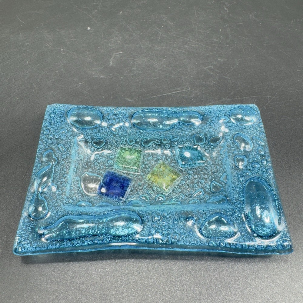 Vintage Hand Made Rectangular Trinket Dish Holder Container Plate Blue Bubbles