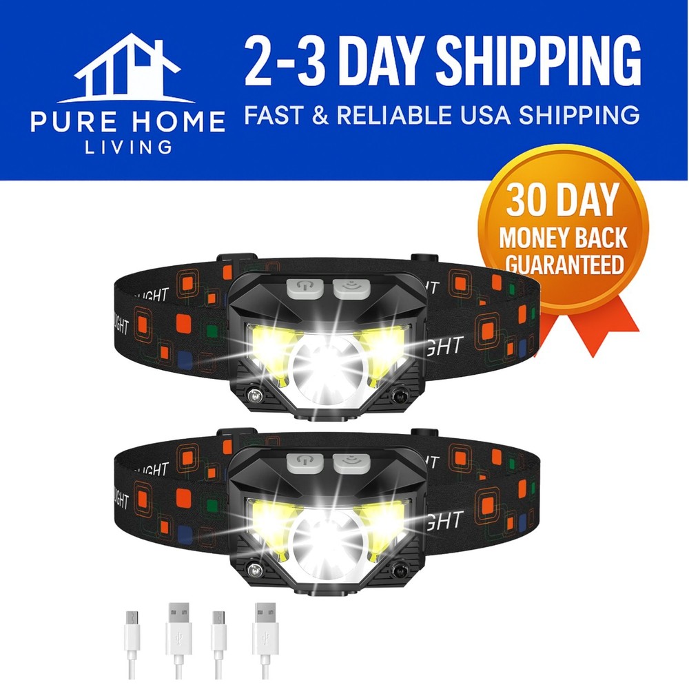 Ultra-Lightweight 8-Mode LED Headlamp with Motion Sensor - 2-Pack Essentials