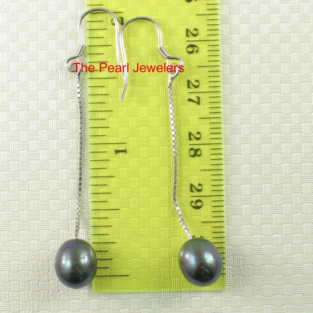 Solid Silver 925 Box Chain Hook Black Cultured Pearl Dangle Earrings-TPJ
