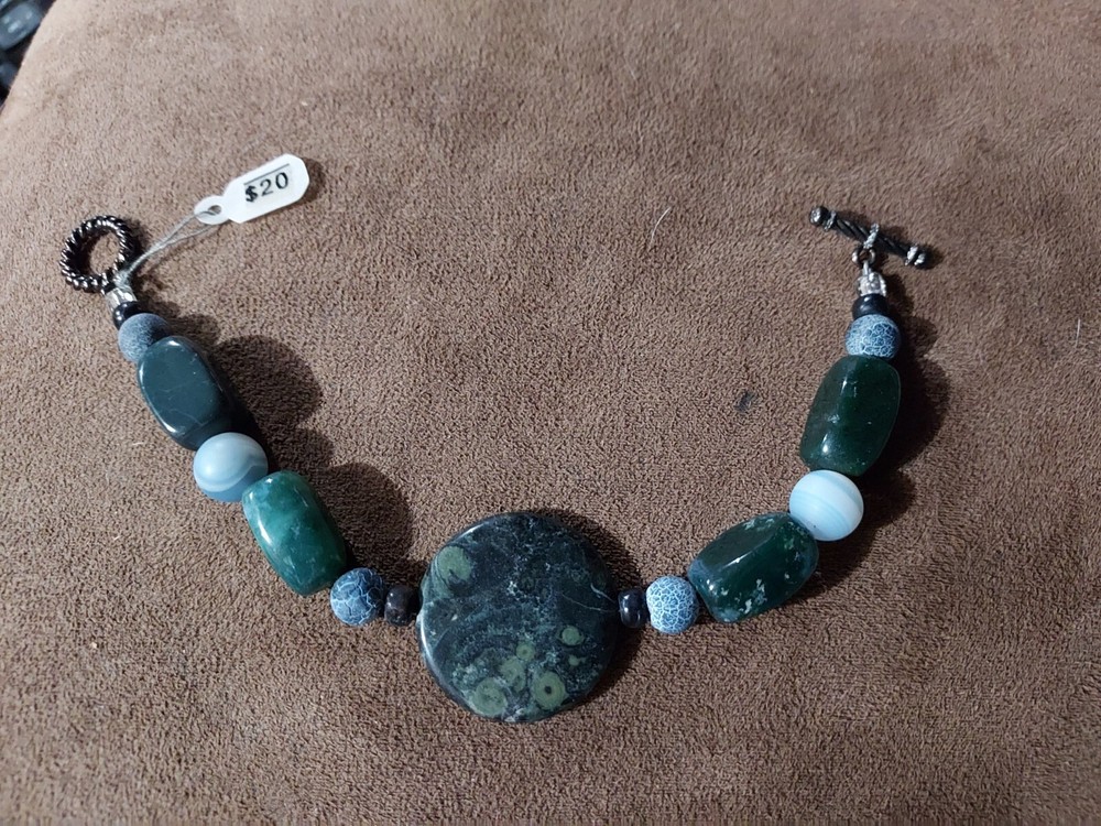 Artisan Green Blue Gemstone Jasper Bracelet 7.5"