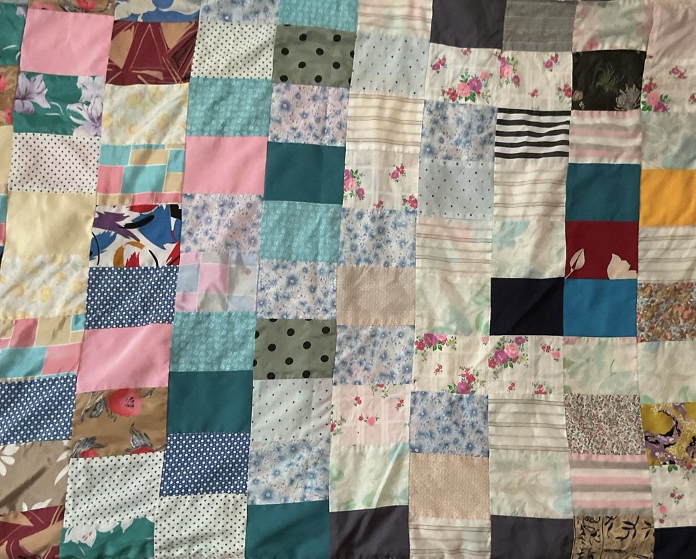 Handmade Crazy Quilt Patchwork Squares Multicolor Mixed Prints Fabrics Lap 52x40