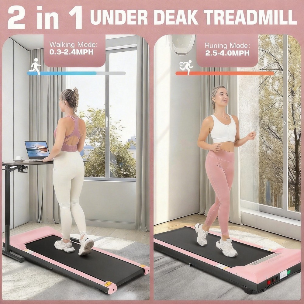 2 in 1 Walking Pad Treadmill, Portable Exercise Machine with Remote Control Pink