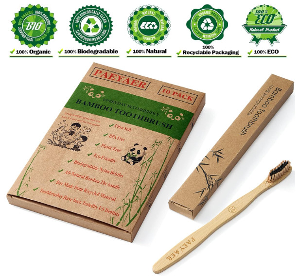 Bamboo Toothbrushes 10 Pack Biodegradable Soft Medium Charcoal Bristles