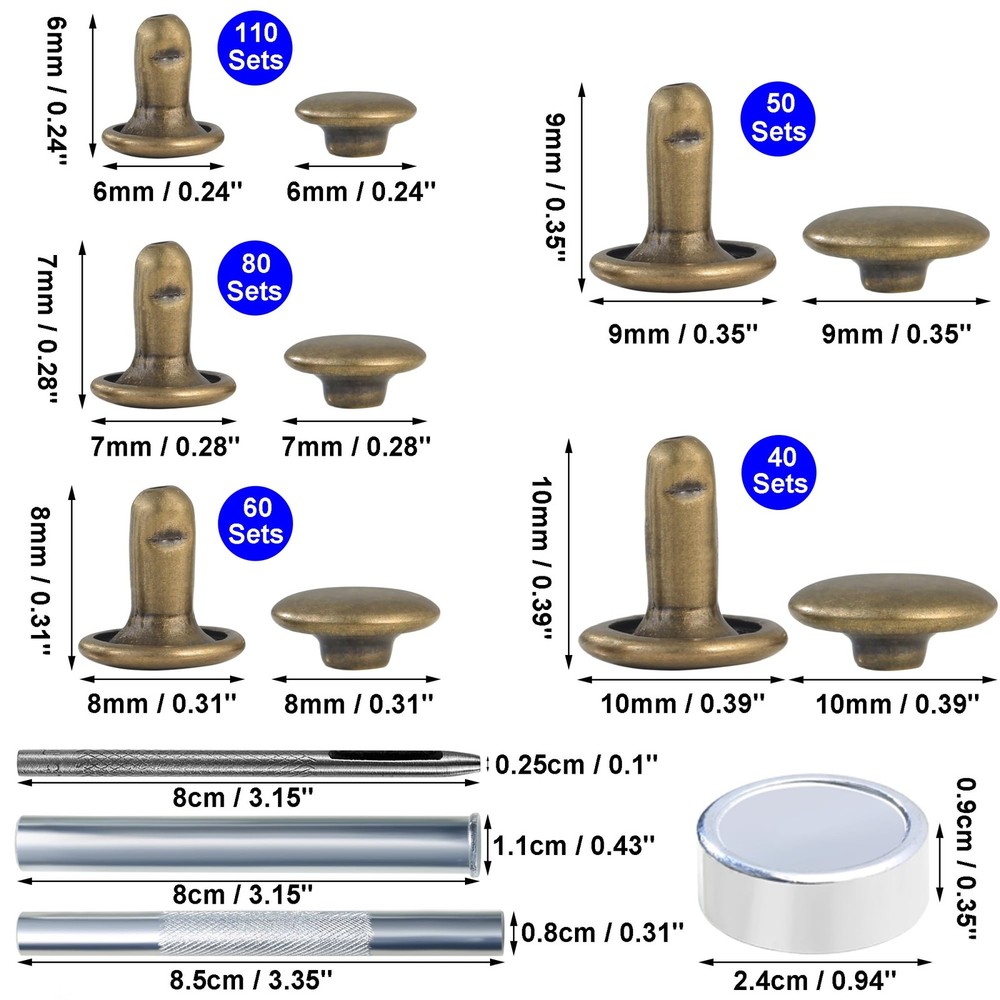 340 Sets Leather Rivets Kit Mixed Sizes Rivets for Leather Double Cap Rivets ...