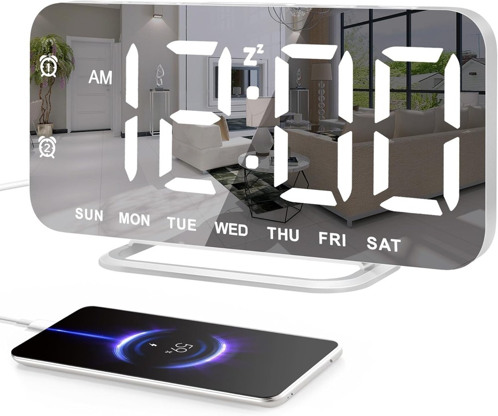 Slim LED Digital Alarm Clock, Mirror Surface for Makeup, with Diming, Large D...