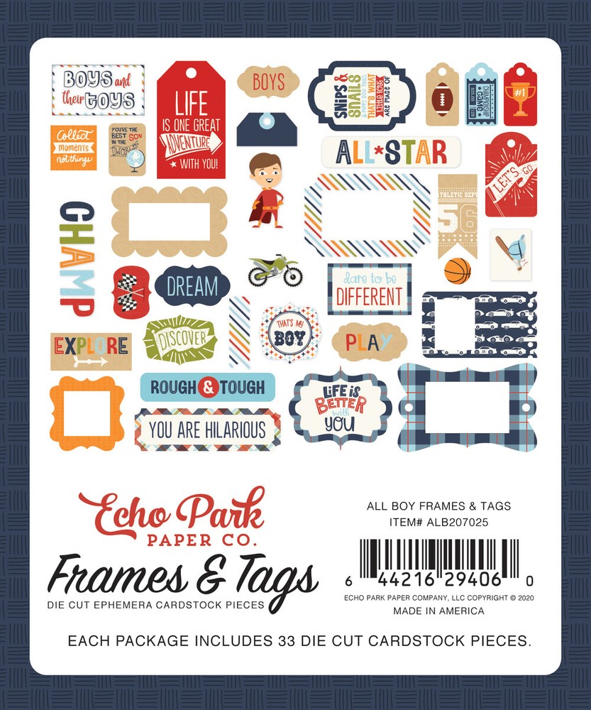 1 Pack Echo Park Paper ALL BOY Frames & Tags Die-Cut Ephemera