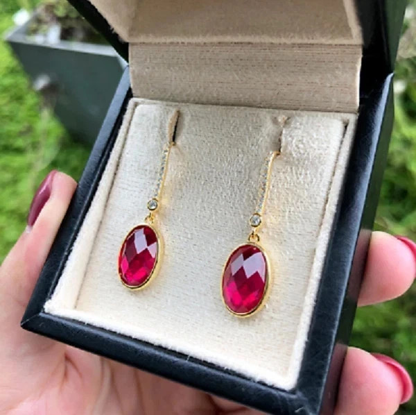 2.20Ct Lab Created Red Ruby Dangle Earrings, 14K Yellow Gold Plated