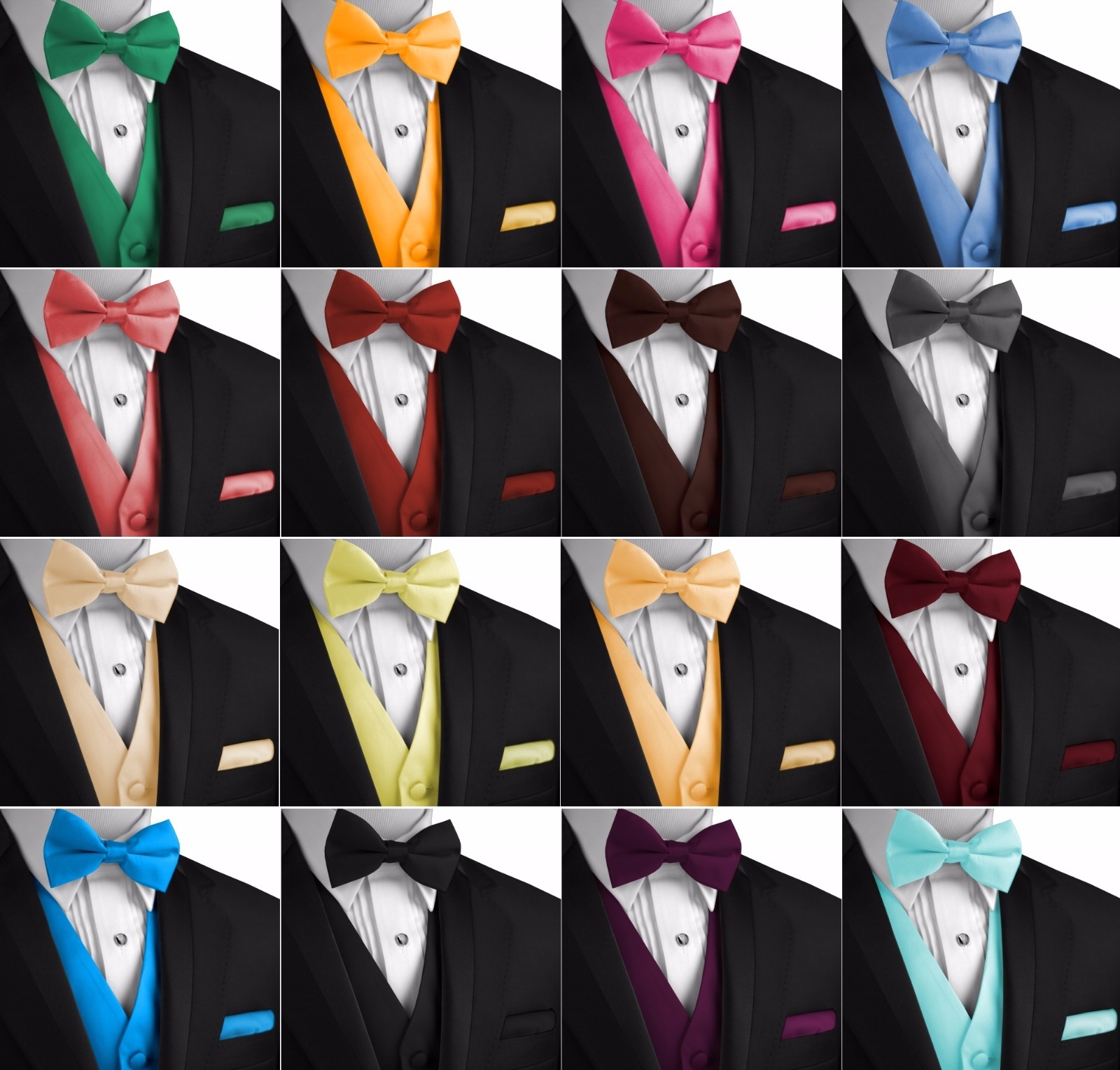 Men's Solid Satin Tuxedo Vest, Bow-Tie and Hankie Set. Formal Dress Wedding Prom