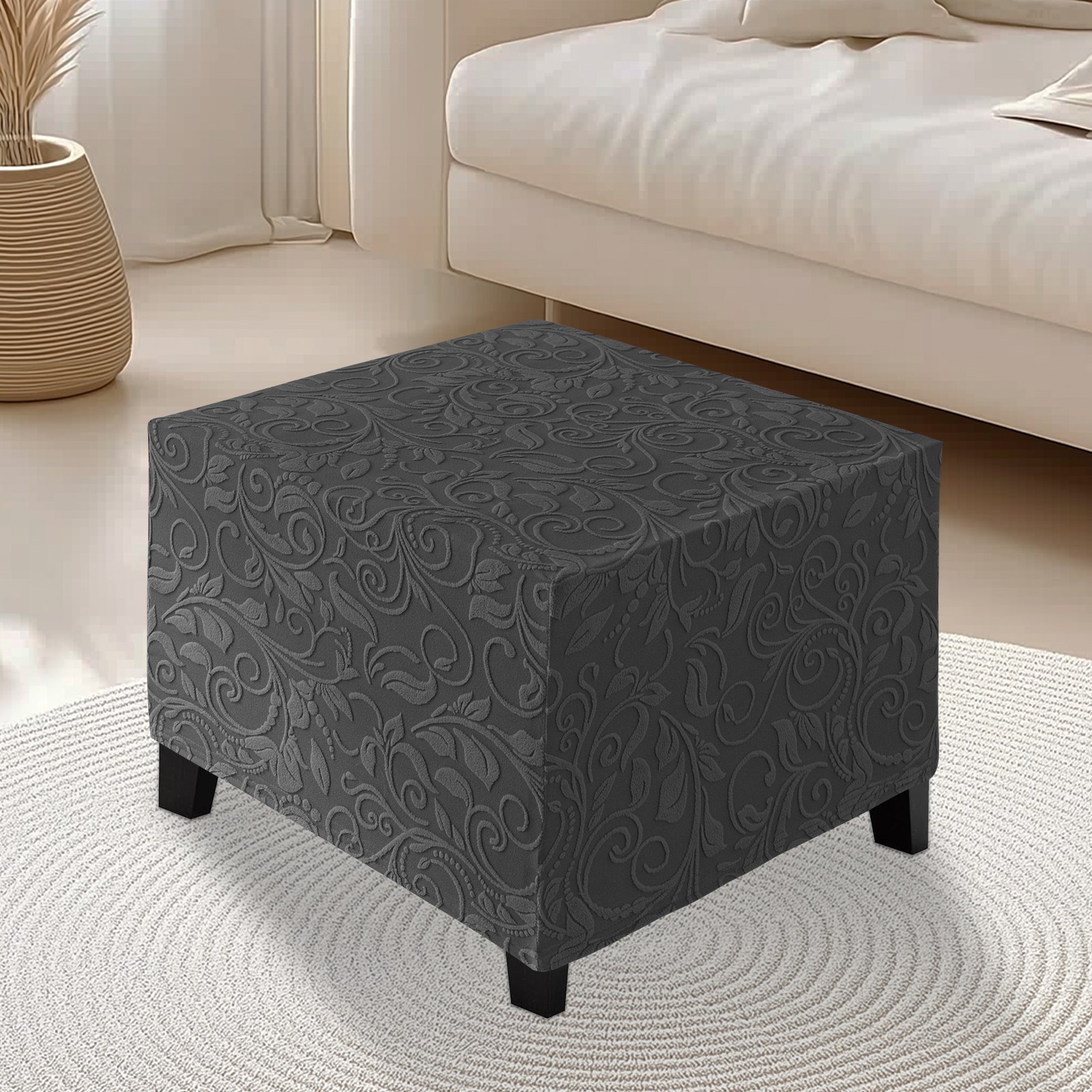 Stretch Jacquard Ottoman Cover Square Rectangle Footstool Cover Slipcover L/XL