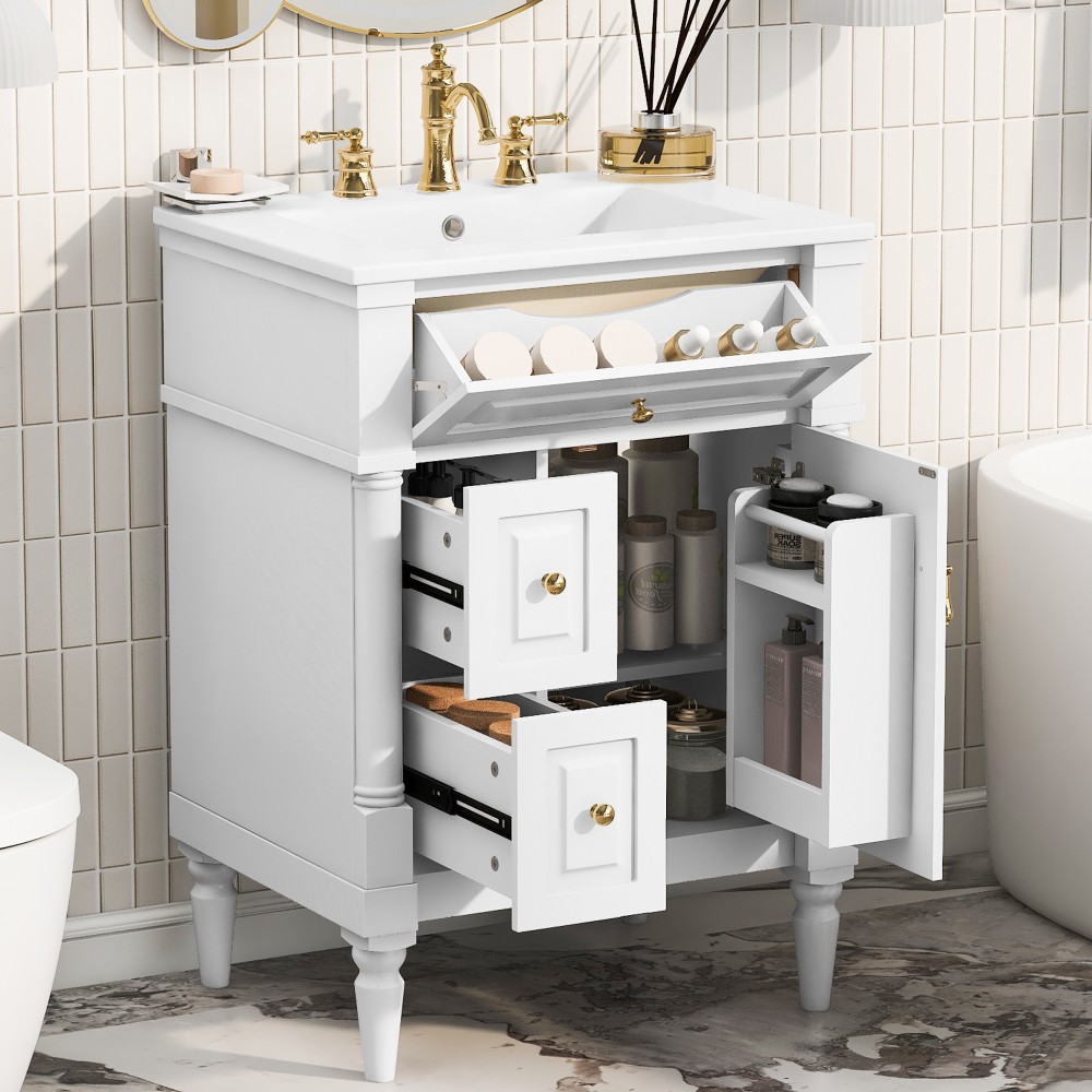 Bathroom Vanity W Sink Flip Drawer Adjustable Shelf Solid Rubberwood Frame